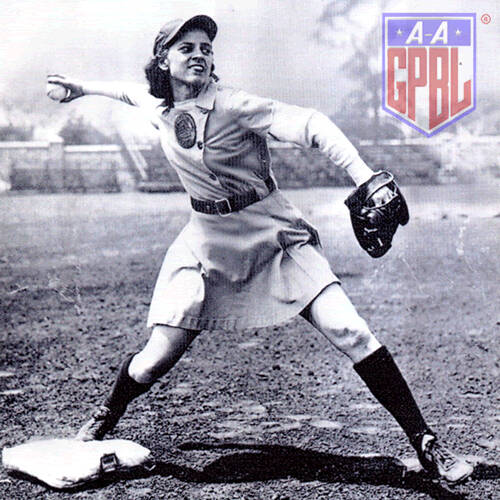 black and white photo of a woman in a baseball uniform with skirt throwing a ball, graphic of the All-American Girls Professional Baseball League in corner.